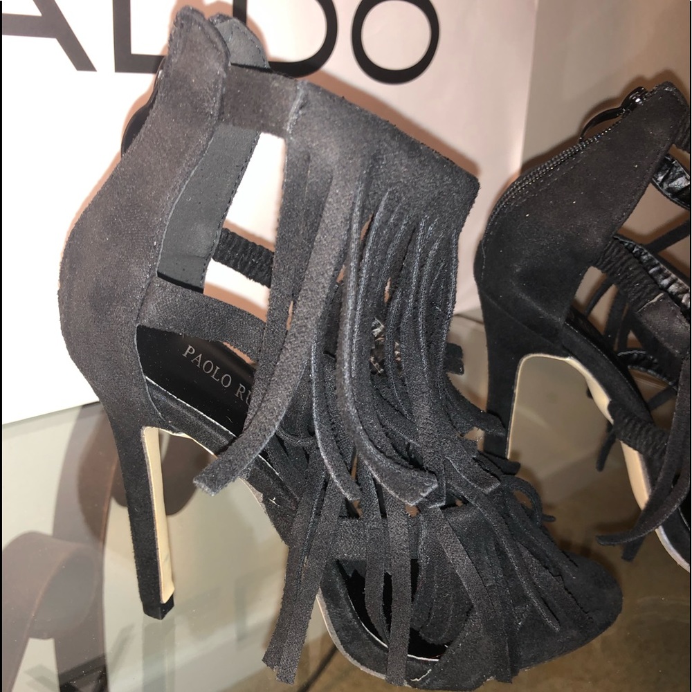 New Paolo Russoto Black Fringe Heeks 7.5